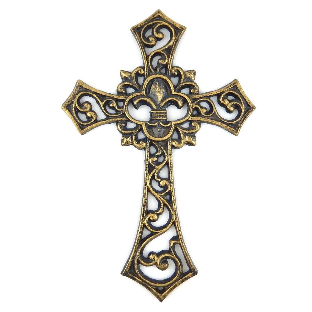 Fleur De Lis Wall Cross Scrolls Rustic Gold Antique Finish Cast Iron 10 1/4 in